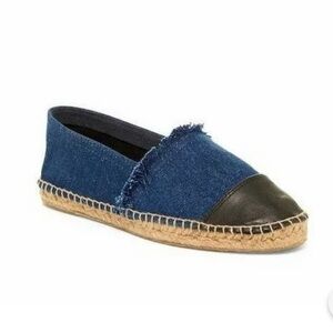 PATRICIA GREEN SUTTON BLUE DENIM ESPADRILLE LOAFER SLIP-ON LEATHER TOE FLATS